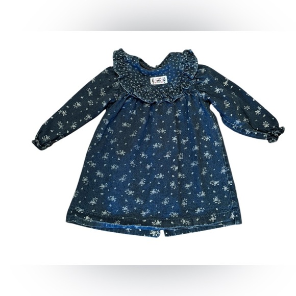 VTG 90’s. OshKosh B’Gosh Denim Dress Sz 3T Ruffle Collar Red Button Back Logo - Picture 1 of 8
